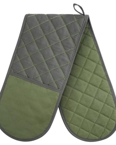 AUAUY Black Double Oven Mitts, 250°C/482°F Heat Resistant BBQ Mittens with Ropes, Silicone Non-Slip Design Kitchen Mittens, Cooking Glove Kitchen Accessories for Cooking Baking Grilling