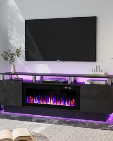 Fireplace TV Stand with 36" Fireplace, 70 Inch Black Fire Place TV Stands for Living Room, Modern Electric Fireplace TV Stand with Cabinets, Entertainment Center with Fireplace for TVs Up to 80"