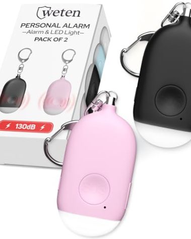 Weten Rechargeable Personal Alarm Keychain - 130dB Siren & LED Light - 2 Pack Personal Safety Alert for Women to Carry - Panic Button Alarm for Security - Rape Whistle for Self Defense (Black&Pink)