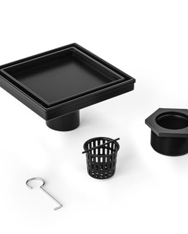 Bernkot Square Shower Drain 6", Matte Black Floor Drain with Tiled Insert Grate & Hair Strainer, 304 Stainless Steel Bathroom 2-in-1 Tiled in Drain, CUPC Certified (Matte Black, 6'')