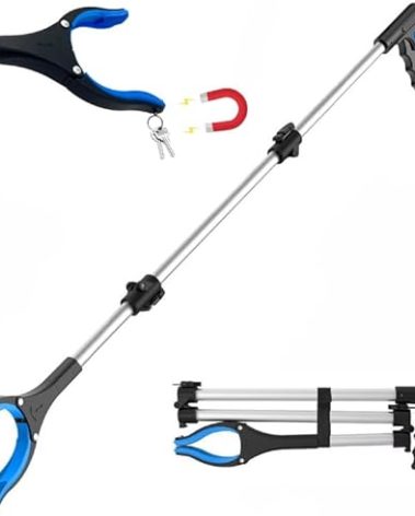 FitPlus 2024 Upgrade PowerGrip T9, Extra Long Grabber Reacher Tool, Wide Jaw, Foldable Trash Pickup Tool, Steel Cable, with 96 Grip Points for Firm Grip, 43" with Magnet (Blue, 43 Inch)