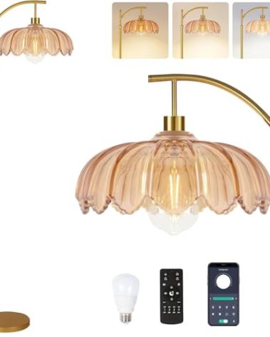 ILLMTW Gold Floor Lamp for Living Room,Bedroom,Mid Century Modern Standing Lamp with Remote,Dimmable Brass Tall Lamp Amber Glass Vintage Retro Arc Floor Lamps Flower Floor Light Boho Bohemian