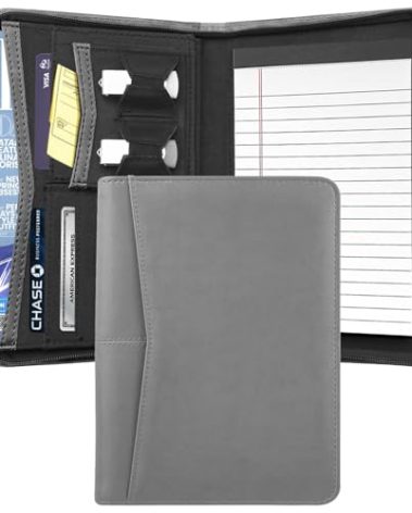 Gorbado Junior Business Padfolio - A5 PU Leather Portfolio Binder & Zippered Binder Folder with 5 x 8 Writing Pad and Interior Storage Pocket Executive Business Organizer for Men Women,Gray