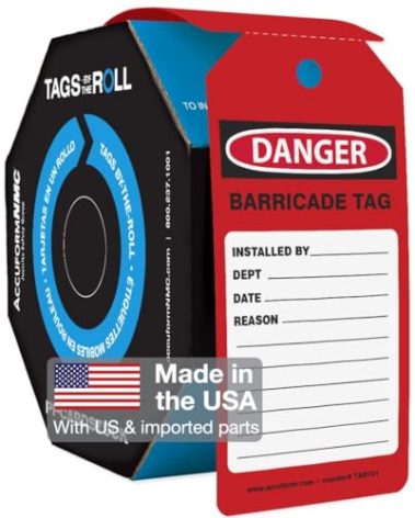 Accuform Red Barricade Tag, Safety Tag, Hazard Warning, Danger Sign, 100 Tags by-The-Roll, OSHA Compliant, Tear & Water Resistant PF-Cardstock, 6.25" x 3", TAR741
