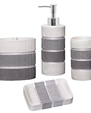 Zahari Home 4pc Modern Line Modern Bathroom Accessories Set Modern Soap Dispenser, Tumbler, Tooth Brush Holder and Dish Soap Holder Luxury Contemporary Grey Decor Unique Design Luxury Bath Set