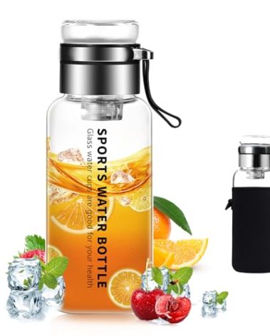 50 oz Glass Water Bottles - Large, Clear, Borosilicate Glass Water Bottle with Stainless Tea Infuser - Cup-Function Lid, Neoprene Sleeve, Strap - Wide Mouth BPA free, for Tea, Beverages, Juice
