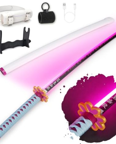 RENGENG Light Up Mitsuri Sword, 40 Inches Rechargeable Plastic Anime Replica with Belt & Stand, Original Texture Anime Sword