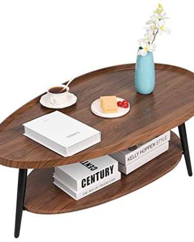 Zedesey 2-Tier Water-Shaped Wood Center Table Mid Century Oval Coffee Table Rustic Farmhouse for Living Room, Bedroom, 40", Brown