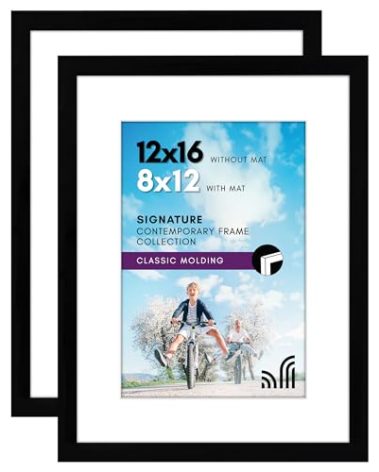 Americanflat 12x16 Picture Frame with Shatter-Resistant Glass - Set of 2 - Use as 8x12 Frame with Mat or Display 12x16 Photo Without Mat - Signature Collection - Picture Frames for Wall - Black