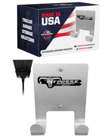 Pit Posse PP3187 Aluminum Broom Holder Hanger for Enclosed Trailer Garage Shop Storage - Made in USA - Wall Mount Utility Rack Caddy Cabinet Organizer Van Auto Workshop RV Whisk/Angle Sweeper (Silver)