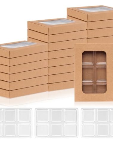 100 PCS Gift Boxes for Wax Melts 6 Cavity Plastic Mold with Box Kraft Wax Melt Boxes Crystal Clear Wax Melt Molds Wax Melts Containers for Wax Cubes Wax Tarts Wax Block(4 * 2.8 Inch)