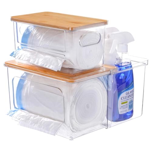 iCASA Trash Bag Dispenser Holder - 3 in 1 Acrylic Plastic Garbage Bag Pantry Organizer, Clear Large Laundry Pods Container with Lid, Stackable Under Sink Kitchen Laundry Room Organization and Storage