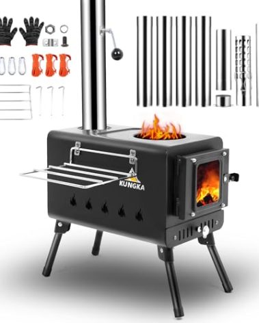 KUNGKA Black Wood Burning Tent Stove, 7 Section Stainless Steel Chimney, Portable Hot Tent Stove for Camping, Hunting, Ice Fishing