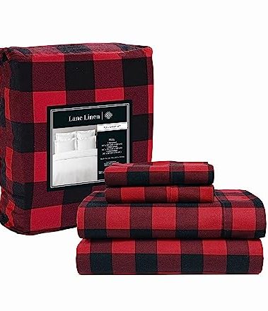 Lane Linen 100% Cotton Full Flannel Sheets Set - Brushed for Extra Softness - Lightweight & Durable Cotton Flannel Full Sheets Set - Warm & Cozy Winter Bed Sheets, 15" Deep Pocket - Buffalo Checks Red