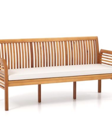 RELAX4LIFE 62.5’’ Outdoor Bench Acacia Wood - 3-Person Patio Bench w/Backrest, Armrests & Removable Seat Cushion, Slatted Wooden Garden Bench for Front Porch Park Backyard, 1200 LBS Weight Capacity