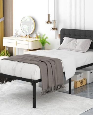 Likelalaso Twin XL Bed Frame with Upholstered Headboard, 18 inch Tall Twin XL Bed Frames, Steel Slat Support, Noise Free, No Box Spring Needed, Easy Assembly, Black