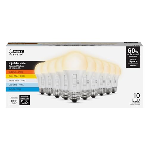 Feit Electric A19 LED Light Bulb, 60W Replacement, Dimmable, Selectable Color Temperatures (2700K-5000K), 800 Lumens, General Purpose Light Bulbs, 15,000-Hour Lifetime, OM60DM/5CCTCA/LED/ 10 Pack