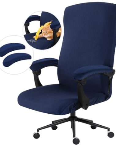 Stretch Computer Office Chair Cover with Armrest Covers Durable Zipper Universal Washable Removable Spandex Rotating Boss Chair Slipcovers Anti-dust Soft Desk Chair Seat Protector, Navy