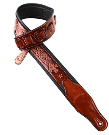 Walker And Williams GB-22 Bourbon Brown Padded Guitar Strap with Fleur De Lis & French Chain Design For Acoustic, Electric, And Bass Guitars