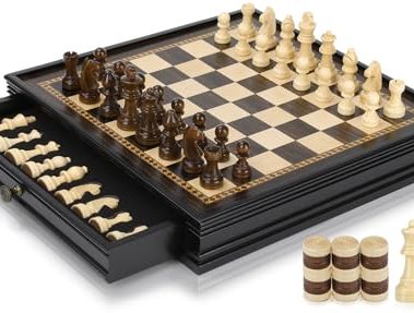Peradix Magnetic Chess Checkers Board Sets with 2 Built-in Storage Drawers,12.8" Classic 2 in 1 Wooden Games with 2 Extra Queens for Kids and Adults,Travel Portable Chess Game Set