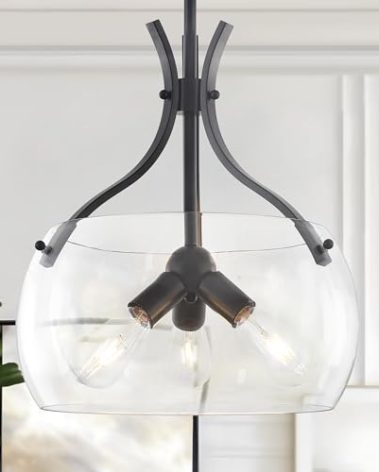 ZLNIDJIA 15.7" Large Glass Chandelier, 3-Light Industrial Farmhouse Chandelier, Black Round Pendant Light Fixture with Glass Shade for Dining Room Kitchen Sink Hallway Entryway