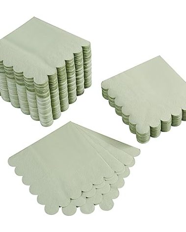 100 Pack Cocktail Napkin 2-Ply Scalloped Edged Dessert Napkins Folded 5 x 5 Inches Disposable Napkins for Dinner Wedding Birthday Party Bridal Anniversary Reception Event (Sage Green)