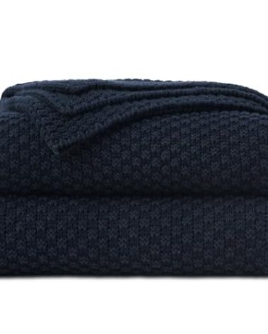 Longhui bedding Dark Navy Blue Knitted Throw Blanket for Couch, Soft, Cozy Machine Washable 100% Cotton Sofa Knit Blankets, Heavy 3.0lb Weight, 51 x 63 Inches, Dark Navy Blue Color.