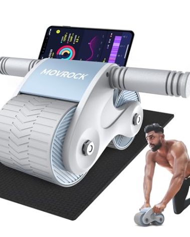 Movrock Ab Roller Wheel with Automatic Rebound for Home Gym Core Fitness, Sturdy Abdominal Exercise Equipment, Includes Knee Pad, Perfect for Ab Workouts and Strength Training, Light Blue