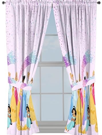 Sunny Side Up Window Curtains for Kids Bedroom 4-Piece Drape Set with 2 Tiebacks, Pink - Disney Princess, 42" W x 63" L (Pack of 2)