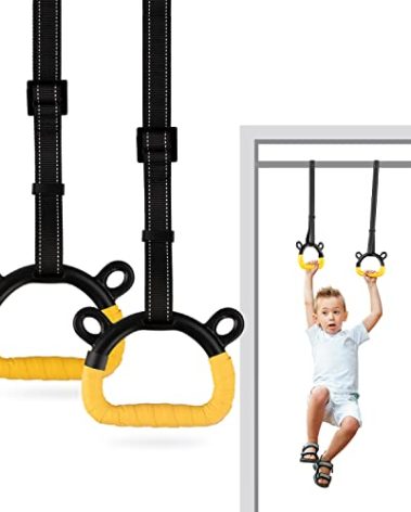 EXQ Home Kids Gymnastic Rings Pull up Rings for Chlidren Exercise,Indoor Gym Ring,Kids Gymnastics Rings with Adjustable Straps,Load Bearing 220lb,Yellow Hands Tape (NO Bar)