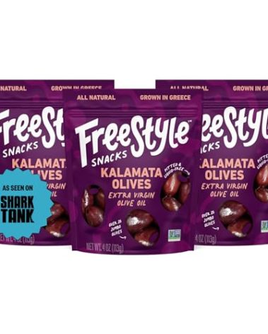 Freestyle Snacks, Olive Snack Packs - As Seen on Shark Tank - Fresh Pitted Kalamata Olives, Marinated in Extra Virgin Olive Oil, Salty Snack, Grown in Greece, All Natural, Non-GMO, 4oz (3 Pack)