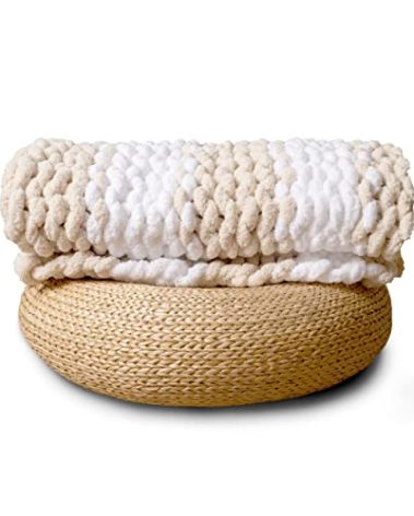 Adyrescia Chunky Knit Blanket Throw | 100% Hand Knit with Jumbo Chenille Yarn (50"x60", Oatmeal and White Stripes)