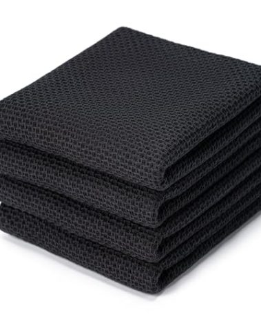 BOOMIBOO 4-Pack Dish Towels, 100% Cotton Waffle Weave, Ultra Soft Absorbent, Quick Drying, Black, 13x28 Inches
