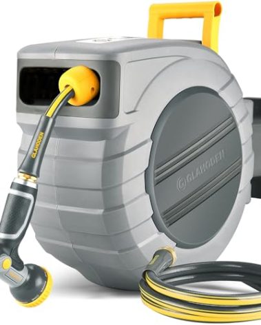GLAHODEN Retractable Garden Hose Reel 5/8 in x 65 ft, 2025 Upgraded Dual Ratchet Lock UV & Freeze Protection Brass Seal Slow Retraction Anti-Tangle Hose 180°Swivel Reinforced Scaffold Wall Mount