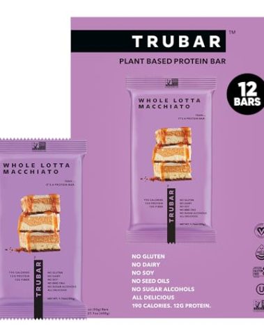 TRUBAR Vegan Protein Bar, Whole Lotta Macchiato, Gluten Free, Plant Based Protein, Dairy Free, Non GMO, Soy Free, No Sugar Alcohols, 12G Protein, 12G Fiber, 23G Carb, On the Go Snack Bars, 12 CT