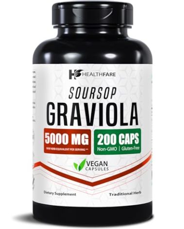 Healthfare Graviola Soursop Extract 5000mg | Annona Muricata | 200 Vegan Capsules | High Potency Leaf & Fruit Blend | Non-GMO | Gluten-Free | Made in USA