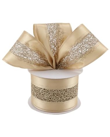 DINDOSAL Champagne Gold Christmas Ribbon 2.5" x 10 Yard Wired Satin With Glitter Mesh for Tree Topper Bows, Wreaths, Crafts, Home Decor, Gift Wrapping