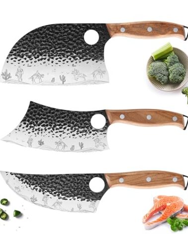 3PCS Butcher Knife Set, Hand Forged Serbian Chef & Meat Cleaver & Viking Knife, Wooden Handle, Perfect for Home, BBQ, Camping (Cactus and Knight Pattern)