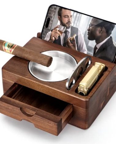 Tesonway Cigar Ashtray, Wooden Cigar Ashtrays with Cigar Cutter, Phone Tablet Holder, Cigar Holder, Accessories Drawer and Lighter Slot, Home Bar Outdoor Ashtray, Great Cigar Accessories Gift for Men
