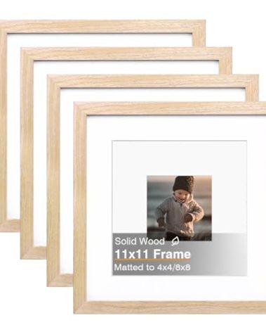 KINLINK 11x11 Picture Frame, Natural Square Solid Wood Frames for Pictures 4x4 and 8x8 with Mat or 11x11 without Mat, Wall and Tabletop Display Photo Frames Natural Wood 4 Pack