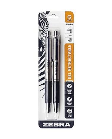 Zebra Pen G-402 Gel Pens 2-Pack, Black Ink, 0.5mm Fine Point, Stainless Steel Barrel, Comfortable Rubberized Grip, Secure Metal Clip, Shirt Pocket-Friendly (49212)