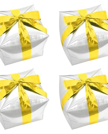 Deermon 4 Pack Silver Christmas Square Cube Shape Gift Box Party Balloon With Gold Ribbon, Aluminum Mylar Present Xmas Decoration Gifts Box Balloons For New Year Birthday Wedding Party Favors