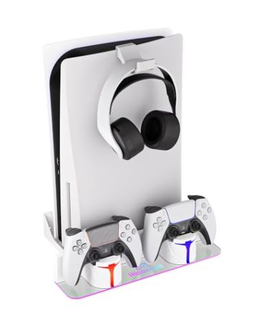 Hosanwell PS5 Wall Mount Kit with Charging Station, Compatible with PlayStation 5/Slim/Pro Disc & Digital Version, Dual Use Charging Station with Multi-Mode RGB Light, White