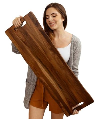 Large Acacia Serving Board with Handles, 36 x 12 Inch Rectangular Charcuterie Platter, Natural Wood Server for Meat, Cheese Board, and Party Appetizers, Extra Long 3ft