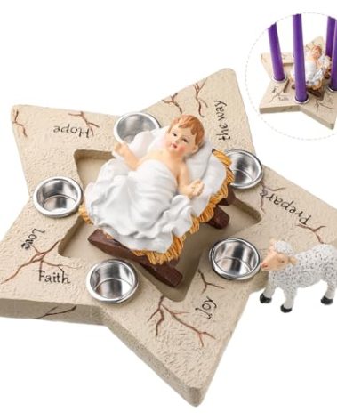 Soaoo 3 Pcs Christmas Advent Candle Holder Resin Advent Nativity Scene Candle Holder Decorations Star Shape Candlestick with Removable Infant Jesus Sheep for Xmas Party Decor (Candles Not Included)