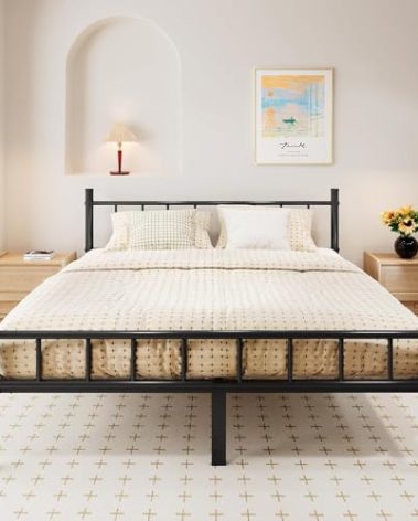 zizin King Size Metal Bed Frame with Headboard & Footboard 14 Inch Metal Platform Mattress Foundation Support with Steel Slat, Under Bed Storage, No Box Spring Needed