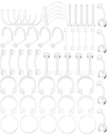 Oveta 55pcs Clear Piercing Retainers Flexible Bioflex 14G 16G 20G Navel Belly Button Ring Lip Labret Eyebrow Tongue Barbells Cartilage Tragus Earrings Retainer