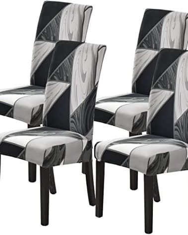 Dining Room Chair Covers Set of 4, Stretch Parsons Chair Slipcovers Removable Washable Spandex Printed Chair Seat Protector Cover for Hotel, Office, Ceremony, Banquet, Wedding Party (Black/Grey)