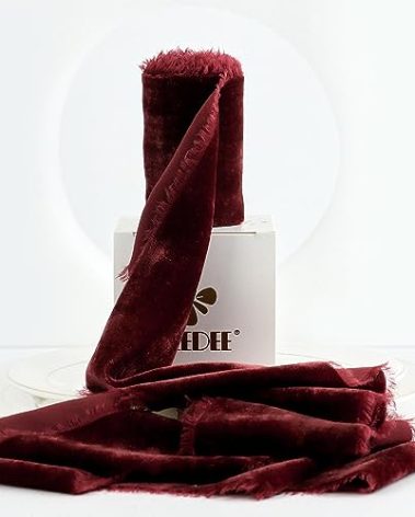 MEEDEE Burgundy Velvet Ribbon 3 Inch Burgundy Red Fringe Ribbons Raw Edge Silk Velvet Ribbon for Wreaths, Flower Bouquet, Photography, Dress Sash, Wedding Decor (3 Yards)