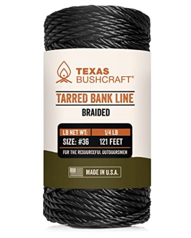 Texas Bushcraft Tarred Bank Line Twine - #36 Black Nylon String for Fishing, Camping and Outdoor Survival – Strong, Weather Resistant Bankline Cordage for Trotline (1/4 lb - #36 (131 ft), Braided)